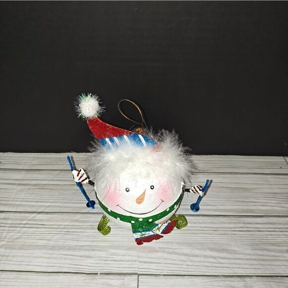 Pier 1 Imports 5.5" Glitter Skiing Snowman Ball Christmas Holiday Tree Ornament - Picture 1 of 9